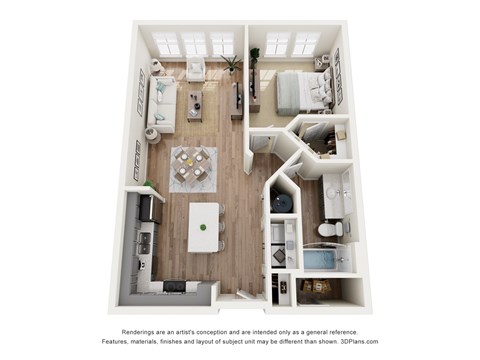 A 3D floor plan of a house with a kitchen, living room, and two bedrooms.